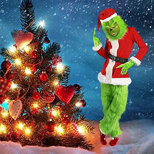 Grinch - Disfraz de Navidad para adultos, 7 unidades, color verde, para cosplay peludo, traje de Papá Noel, traje de terciopelo para hombres, mujeres y niños (color: verde, tamaño: XL)