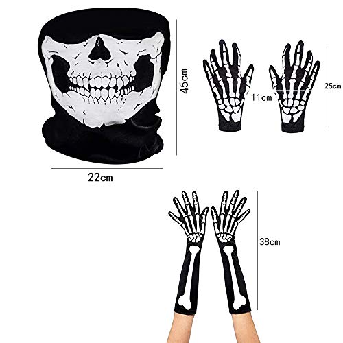 Guantes de Esqueletos Blancos y Máscara de Cara de Calavera Huesos de Fantasmas para Adultos Halloween Fiesta de Disfraz de Danza