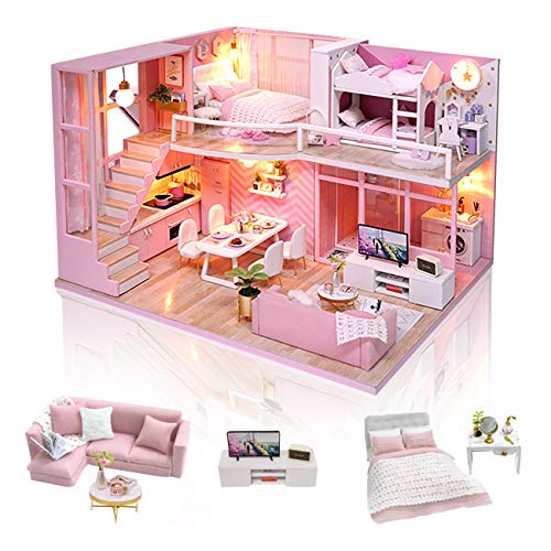 GuDoQi Casa de Muñecas de Madera DIY, Miniatura de la Casa de Muñecas con Muebles y Música, Modelo de Mini Apartamento Hecho a Mano, Dream Angels