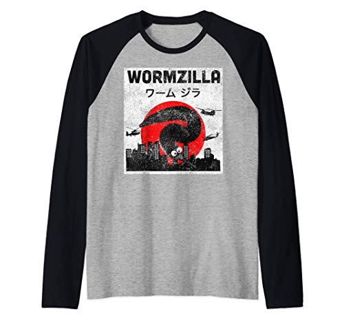 Gusano En Una Cadena Japonés Borroso Magia Gusano Wormzilla Camiseta Manga Raglan