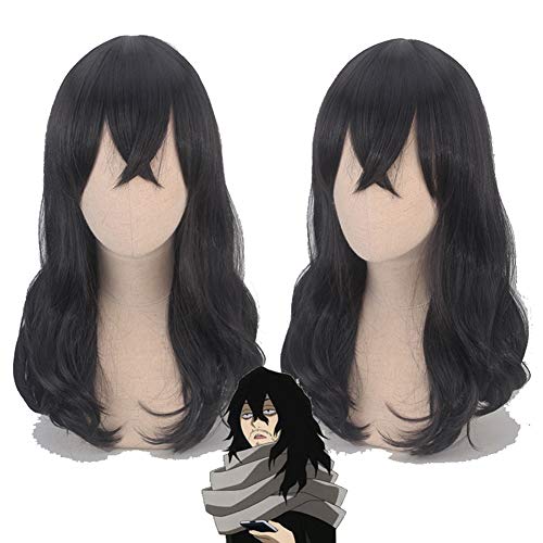 GZIRUE Pelucas de Anime Cosplay Shota Aizawa Peluca Ondulada Semi Larga Negra para Academia Hombres Chico Halloween Party Fiesta Halloween Disfraces BNHA