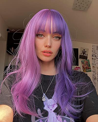 HAIRCUBE Peluca de cosplay, pelucas sintéticas naturales azules púrpura y rosa peluca púrpura con flequillo Partido de Halloween resistente al calor