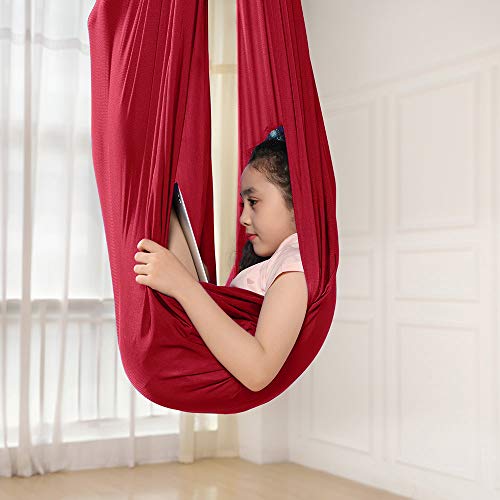 Hamaca para terapia de interior para niños, columpio de hamaca para niños y adultos, autismo, TDAH, Aspergers, integración sensorial con hardware de montaje para niños, yoga, volar (rojo, 1,5 metros)