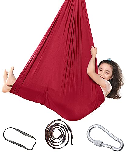 Hamaca para terapia de interior para niños, columpio de hamaca para niños y adultos, autismo, TDAH, Aspergers, integración sensorial con hardware de montaje para niños, yoga, volar (rojo, 1,5 metros)