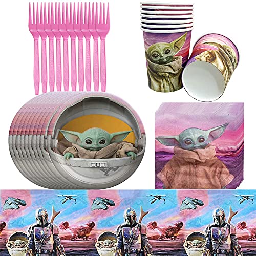 Hao-zhuokun 51 Piezas Baby Yoda Juego de Vajilla para Fiestas,Star War Decoración de Cumpleaños para niños,Fiestas de Cumpleaños Infantiles,Platos,Tazas,servilletas,manteles