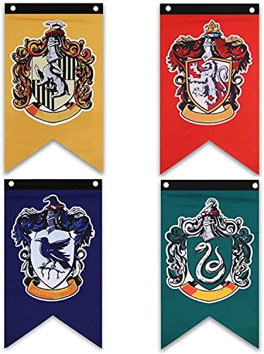 Harry Potter Gryffindor, Slytherin, Hufflepuff, Ravenclaw, Hogwarts Collection - Bandera de casa para decoración de pared, decoración de fiestas (4 unidades, 12 x 20 pulgadas)