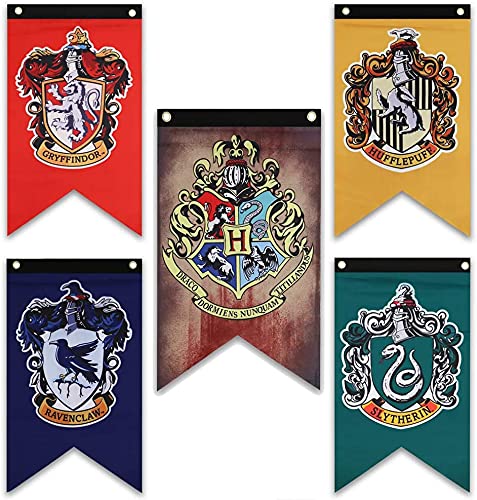 Harry Potter Gryffindor, Slytherin, Hufflepuff, Ravenclaw, Hogwarts Collection - Bandera de casa para decoración de pared, decoración de fiestas (5 unidades, 12 x 20 pulgadas)