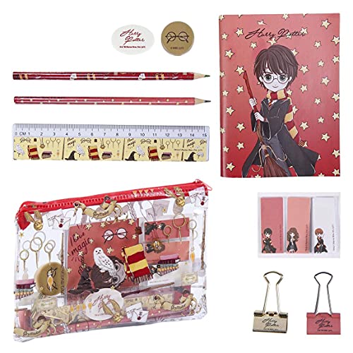 Harry Potter Juego de Papelería, Incluye Lápices, Regla, Cuaderno A6, Borrador, Sacapuntas, Notas Adhesivas, Clips, Estuche, Set Escolar