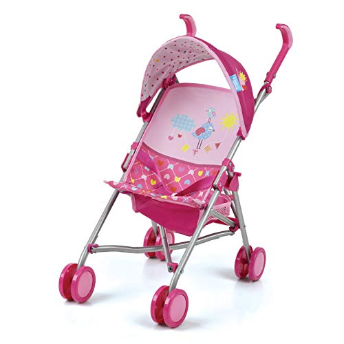 Hauck Toys - Silla de Paseo para muñecas Drive Sun - con Capota, cesto para Guardar los Juguetes y cinturón / Cochecito de Juguete Plegable con Ruedas Dobles - Birdie Pink