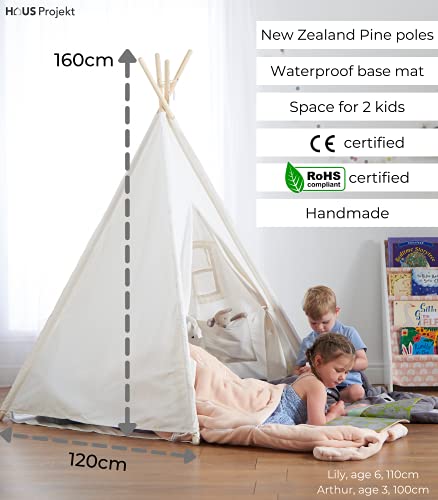 Haus Projekt Tienda Tipi para niños con Luces de Hadas, empavesado y Base Impermeable incluida - Tienda para Jugar e Imaginar, 100% algodón, para Interior / Exterior (Azul/Blanco) Certificado CE