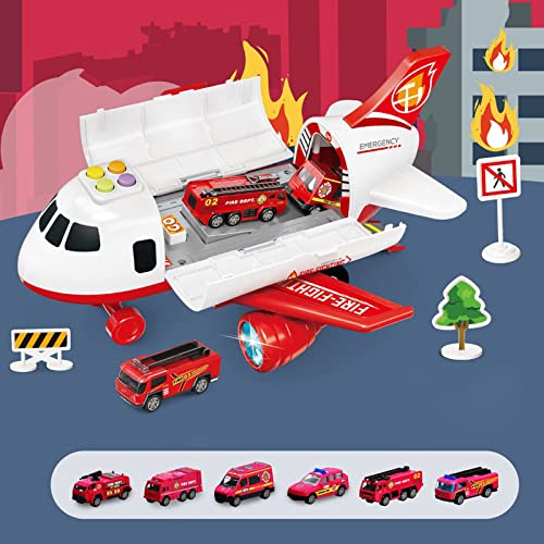 Hellery Juego de Coche de Juguete con Avión de Transporte, Vehículos de Aprendizaje Juego de Motor de Bomberos para Niños Pequeños Regalo para Niños de 3 4 5 - Control de Fuego Rojo