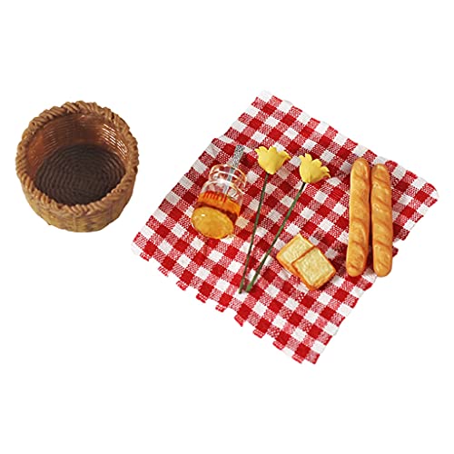 Hellery Paño de Picnic de Miel de Pan de simulación en Miniatura con Cesta Juego de Cocina Juego de Cocina para 1:12 Juguetes de decoración de casa de muñecas - Cuadros Rojos