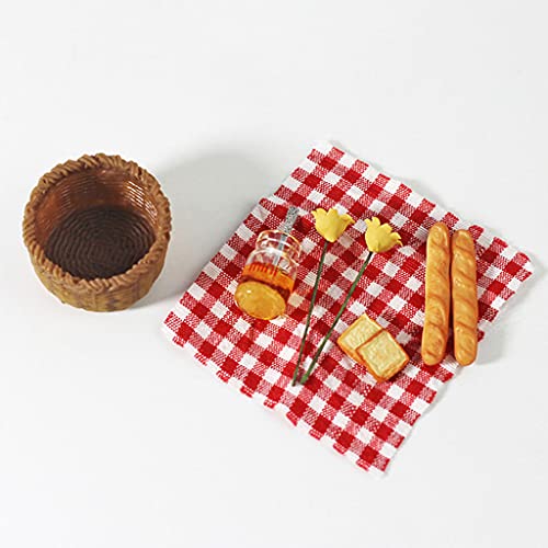 Hellery Paño de Picnic de Miel de Pan de simulación en Miniatura con Cesta Juego de Cocina Juego de Cocina para 1:12 Juguetes de decoración de casa de muñecas - Cuadros Rojos