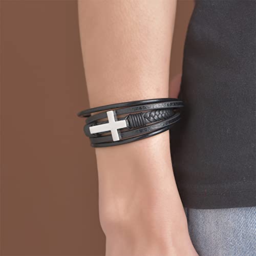 Hellery Pulsera, Acero Inoxidable, Cruz, Pulsera Cruzada, Banda de Cuero, para Accesorios de Joyería Religiosa, Mujeres, Niños, Hombres, Adolescentes - Acero