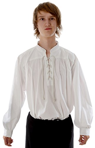 Hemad Camisa Medieval Pirata para Hombre - Cuello Alto, algodón Ligero – L Blanco