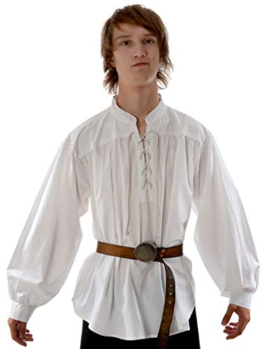 Hemad Camisa Medieval Pirata para Hombre - Cuello Alto, algodón Ligero – L Blanco