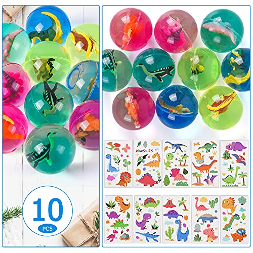 Herefun Bolas Rebotadoras, 10 Pcs Dinosaurios Pelotas Saltarinas y 10Pcs Pegatinas de Dinosaurio, 45 mm Bouncy Ball, Pelota de Goma, Party Bag Filler para Premios Niños Cumpleaños Regalos de Fiest