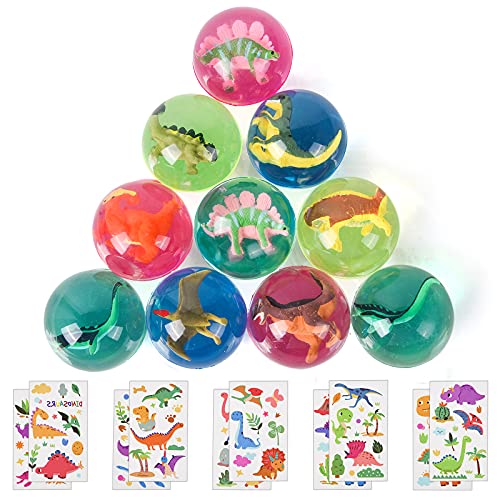 Herefun Bolas Rebotadoras, 10 Pcs Dinosaurios Pelotas Saltarinas y 10Pcs Pegatinas de Dinosaurio, 45 mm Bouncy Ball, Pelota de Goma, Party Bag Filler para Premios Niños Cumpleaños Regalos de Fiest