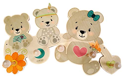 Hess Holzspielzeug 30347 - Perchero de Madera, Serie Bear Nature, con 5 Ganchos, para niños, Aprox. 35 x 21 x 6,5 cm, Hecho a Mano, como Punto de atracción en Cada habitación Infantil y Pasillo