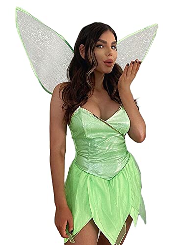 HEVCLAO Disfraz de hadas de Halloween para mujer, con alas para fiesta, verde, L