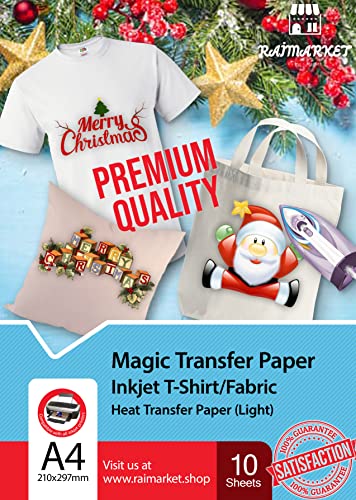 Hierro sobre papel de transferencia para tela claras, blancas y transparente (Magic Paper) de Raimarket | 10 hojas | Transferencia de hierro A4 para inyección de tinta en papel / camisetas