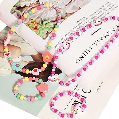 Hifot niña Collar Pulseras 18 Piezas Niños Juegos de Joyas, Unicornio Sirena Flamenco Mariposa Arco Iris Flor Madera Abalorios Joyería Set Artículos de Fiesta Regalo