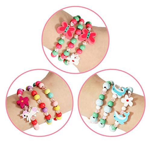 Hifot niña Collar Pulseras 18 Piezas Niños Juegos de Joyas, Unicornio Sirena Flamenco Mariposa Arco Iris Flor Madera Abalorios Joyería Set Artículos de Fiesta Regalo