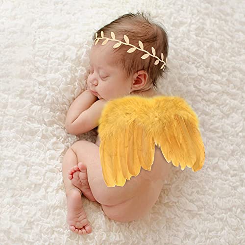 Hifot recien nacido fotografia kit, Bebe plumas ángel alas con diadema set, bebe fotografía Accesorios prop disfraz (Oro)