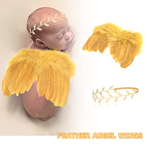 Hifot recien nacido fotografia kit, Bebe plumas ángel alas con diadema set, bebe fotografía Accesorios prop disfraz (Oro)