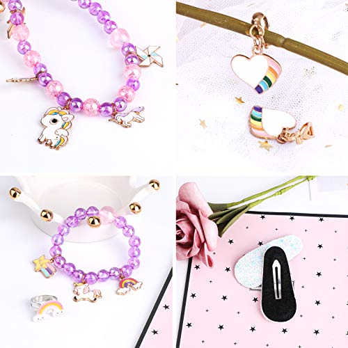 Hifot Unicornio Joyas Niñas Peluche Bolso Collar Pulsera Anillo Aretes Pelo Pinza Princesa Conjunto de Joyas,Bandolera Monedero Niña Accesorios Joya Regalo Fiesta Accesorios Vestido Dress up