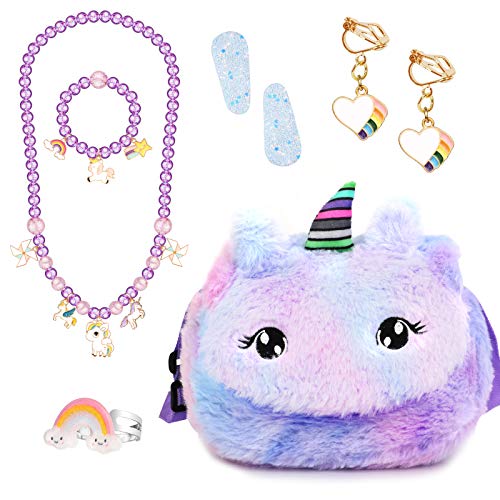 Hifot Unicornio Joyas Niñas Peluche Bolso Collar Pulsera Anillo Aretes Pelo Pinza Princesa Conjunto de Joyas,Bandolera Monedero Niña Accesorios Joya Regalo Fiesta Accesorios Vestido Dress up