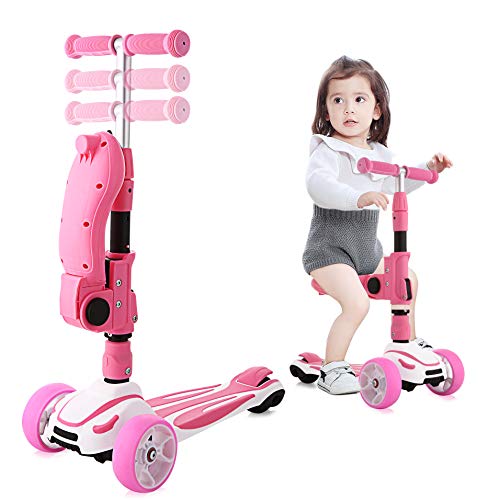 Hikole Patinete infantil con asiento plegable 2 en 1 con pedales de goma suaves y grandes ruedas iluminadas para niños y niñas más de 3 años