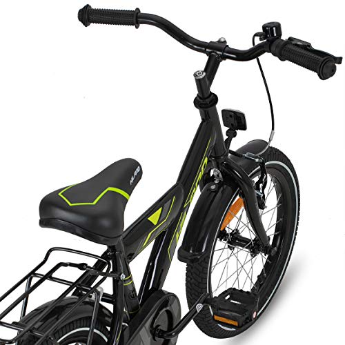 HILAND Bicicleta infantil de 18 pulgadas para niños a partir de 5 años, con asiento trasero/portaequipajes, freno de mano y freno de contrapedal, color negro/verde