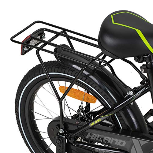 HILAND Bicicleta infantil de 18 pulgadas para niños a partir de 5 años, con asiento trasero/portaequipajes, freno de mano y freno de contrapedal, color negro/verde