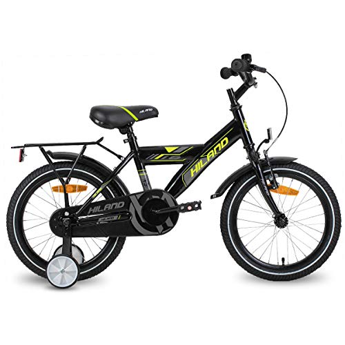 HILAND Bicicleta infantil de 18 pulgadas para niños a partir de 5 años, con asiento trasero/portaequipajes, freno de mano y freno de contrapedal, color negro/verde