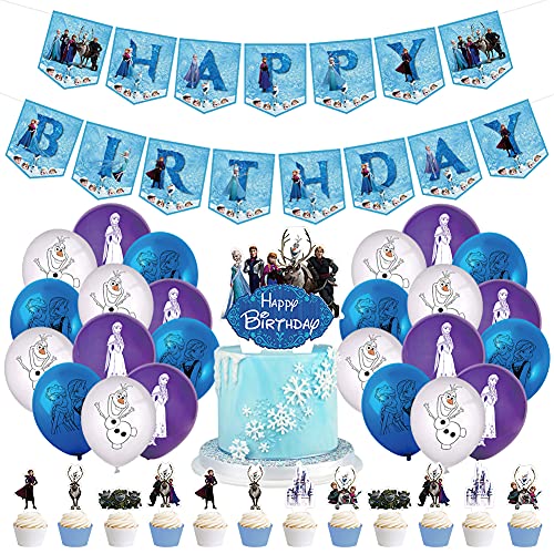 Hilloly 38 pcs Frozen Fiesta Cumpleaños Decoración para Niños Congelado Pancarta de Cumpleaños Baby Shower Decoraciones de Fondo Princesa Adornos Tartas Globo