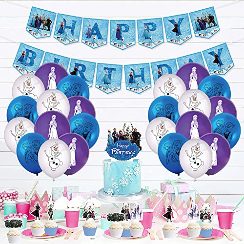 Hilloly 38 pcs Frozen Fiesta Cumpleaños Decoración para Niños Congelado Pancarta de Cumpleaños Baby Shower Decoraciones de Fondo Princesa Adornos Tartas Globo