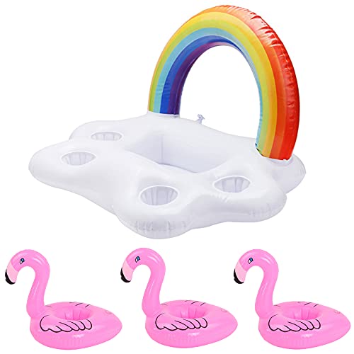 Hinchable Portavasos Titular, 1 Pieza Flotador de Bebidas de Arco Iris Posavasos, 3 Piezas de Soporte para Flamencos, para Entretenimiento Acuático, Fiesta en la Piscina y Decoración de Piscina