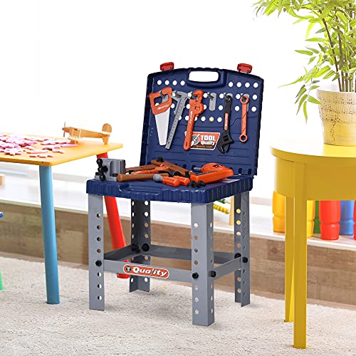 HOMCOM Banco de Herramientas para Niños +3 Años Desmontable Juego de Imitación con Maletín de Herramientas de 68 Piezas Incluidas con Taladro Martillo 40x43x72 cm Azul y Gris