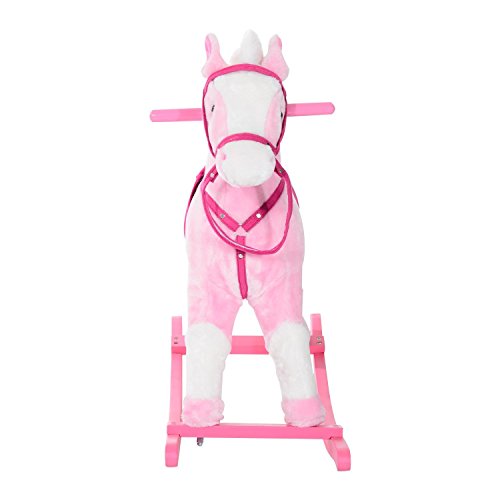 HOMCOM Caballito Balancín Bebé Balancín Peluche Caballo Madera para Niños +3 Años con Sonidos 74x28x65cm Caballito Balancin de Peluche Niños 3 años Juguete Caballo Mecedora Madera Rosa