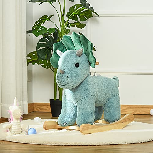 HOMCOM Caballito Balancín de Dinosaurio para Niños de +3 Años Balancín Infantil de Felpa con Sonidos Realistas y Base de Madera Carga 45 kg 64x30x54 cm Verde Oscuro