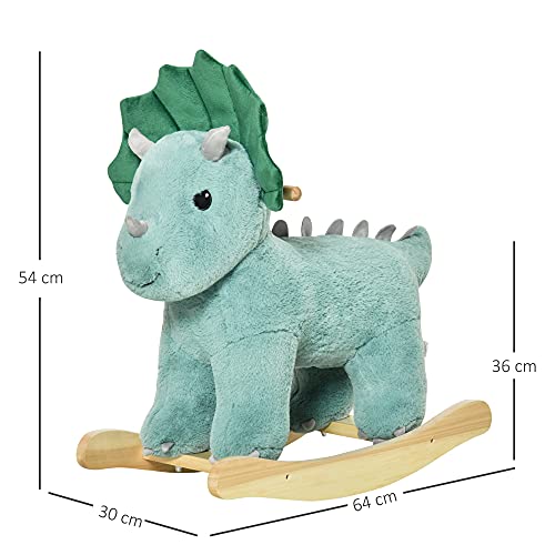 HOMCOM Caballito Balancín de Dinosaurio para Niños de +3 Años Balancín Infantil de Felpa con Sonidos Realistas y Base de Madera Carga 45 kg 64x30x54 cm Verde Oscuro