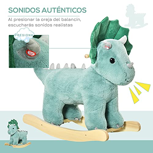 HOMCOM Caballito Balancín de Dinosaurio para Niños de +3 Años Balancín Infantil de Felpa con Sonidos Realistas y Base de Madera Carga 45 kg 64x30x54 cm Verde Oscuro