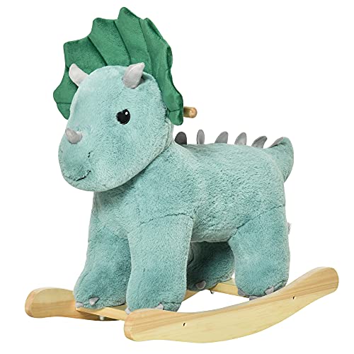 HOMCOM Caballito Balancín de Dinosaurio para Niños de +3 Años Balancín Infantil de Felpa con Sonidos Realistas y Base de Madera Carga 45 kg 64x30x54 cm Verde Oscuro