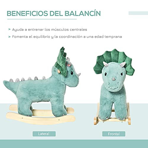 HOMCOM Caballito Balancín de Dinosaurio para Niños de +3 Años Balancín Infantil de Felpa con Sonidos Realistas y Base de Madera Carga 45 kg 64x30x54 cm Verde Oscuro