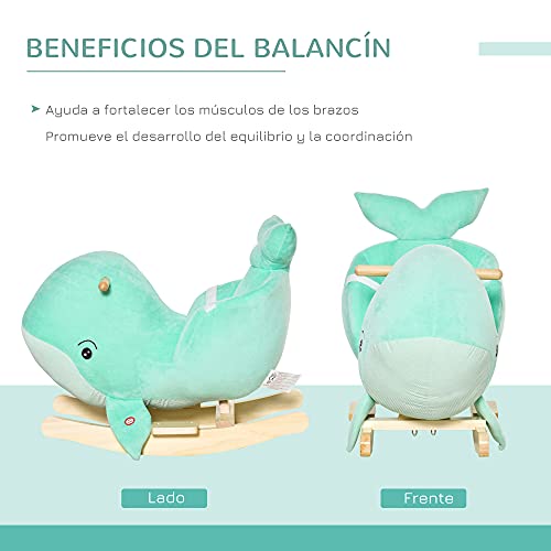 HOMCOM Caballito Balancín Forma Ballena para Niños de 18-36 Meses Mecedora de Felpa con Sonidos Cinturón de Seguridad y Reposapiés 60x33x50 cm Turquesa