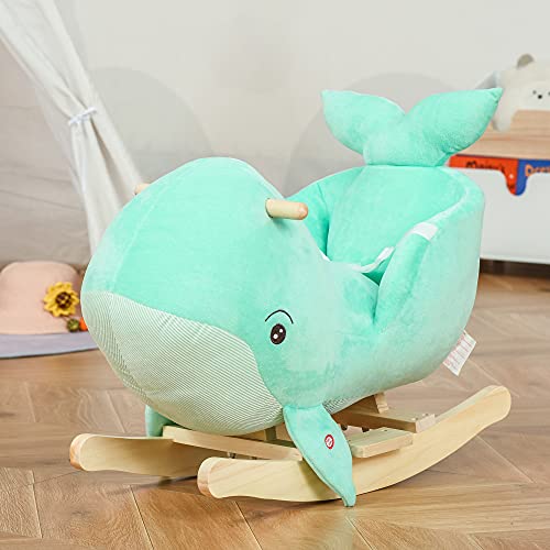 HOMCOM Caballito Balancín Forma Ballena para Niños de 18-36 Meses Mecedora de Felpa con Sonidos Cinturón de Seguridad y Reposapiés 60x33x50 cm Turquesa