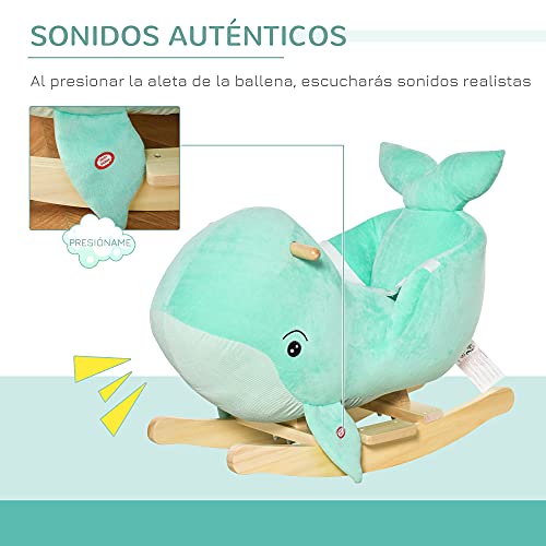 HOMCOM Caballito Balancín Forma Ballena para Niños de 18-36 Meses Mecedora de Felpa con Sonidos Cinturón de Seguridad y Reposapiés 60x33x50 cm Turquesa