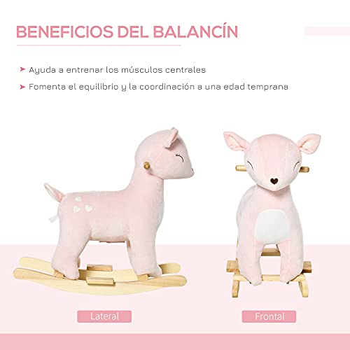 HOMCOM Caballito Balancín Forma de Ciervo para Niños de +3 Años Balancín Mecedora de Felpa con Sonidos y Base de Madera 68x35,5x64 cm Rosa