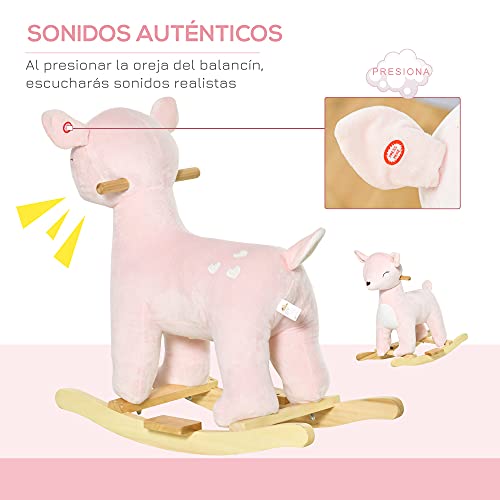 HOMCOM Caballito Balancín Forma de Ciervo para Niños de +3 Años Balancín Mecedora de Felpa con Sonidos y Base de Madera 68x35,5x64 cm Rosa